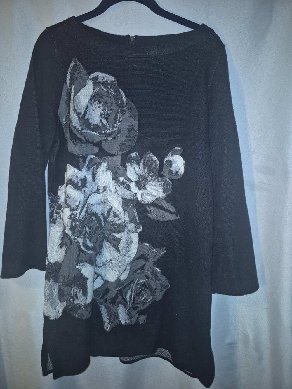 Chico's Black and Gray Floral Tunic Sweater